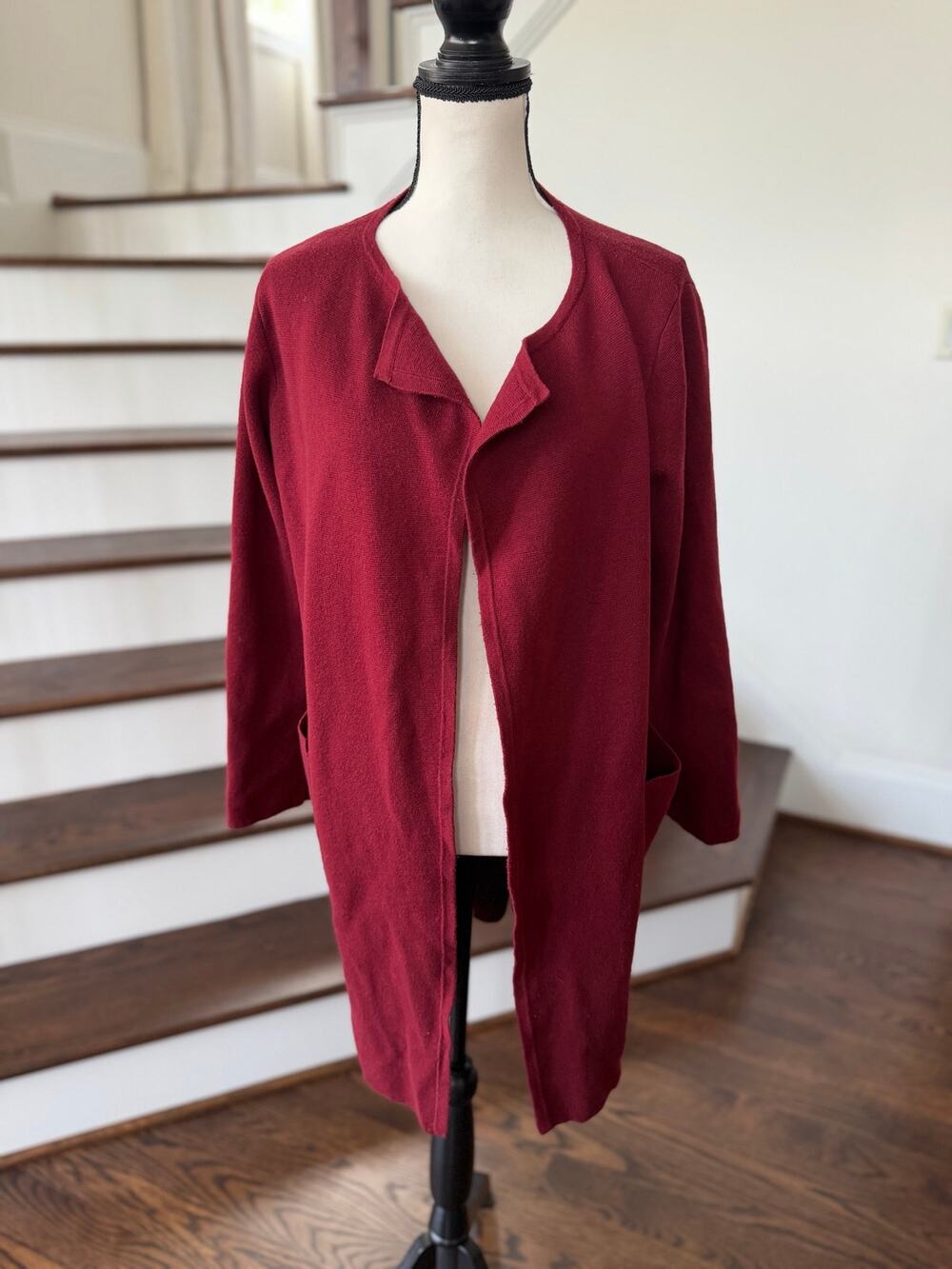 J.Crew Sophie Burgundy Red Long Line Cotton Merino Wool Open Knit Cardigan